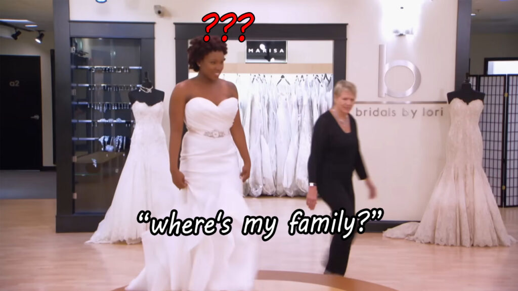 Bride Jay looks confused after her family abandons her during a Kleinfeld fitting