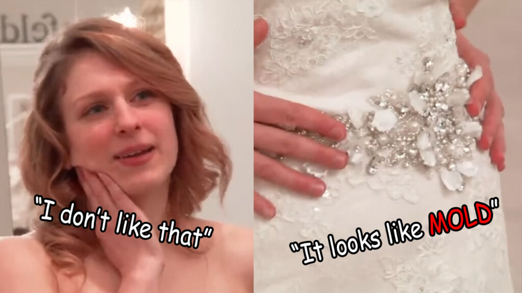 Bride Katie says the belt on her Alita Graham wedding dress looks like mold