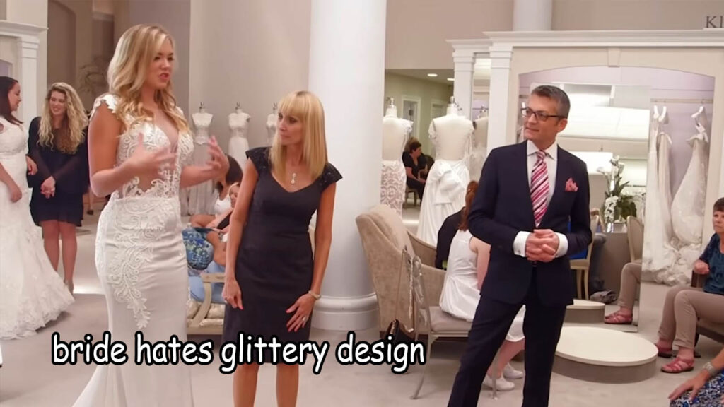 Bride Kathleen feels like a Vegas showgirl in a glittery luxury wedding dress