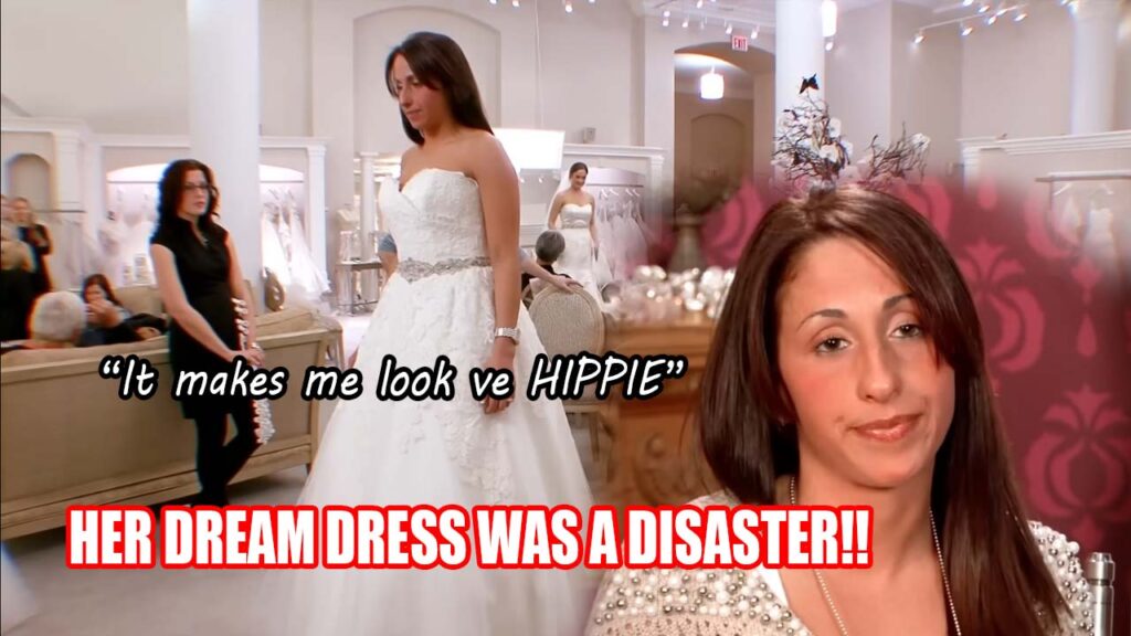 Bride Lauren looking disappointed in her magazine designer wedding dress at a luxury boutique.