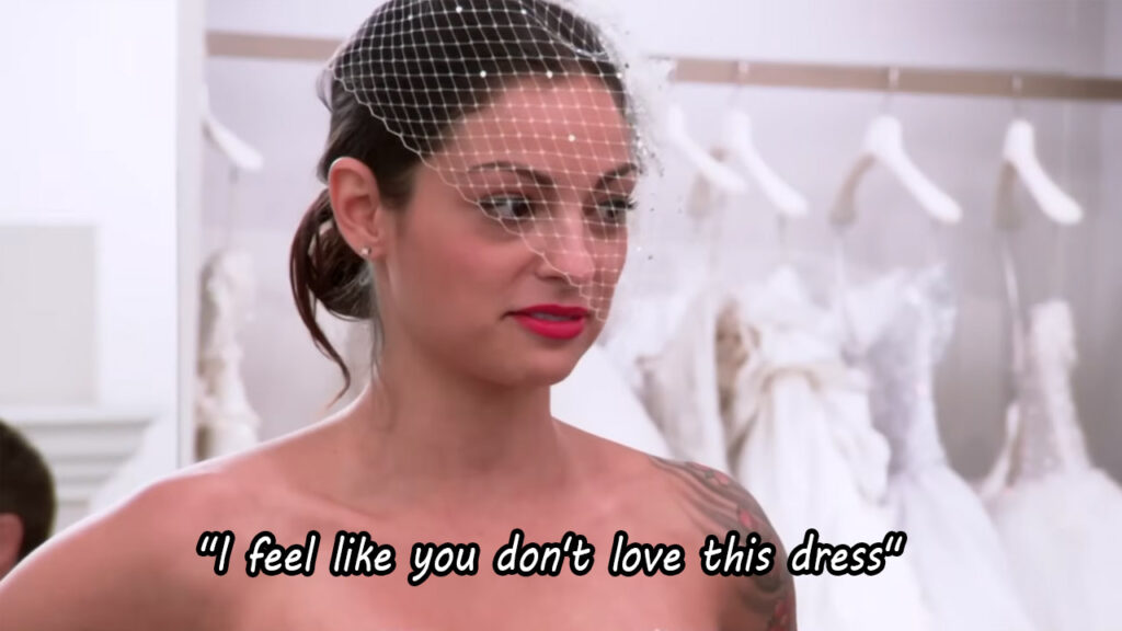Confident bride says yes to her dream designer wedding dress despite her family's objections.