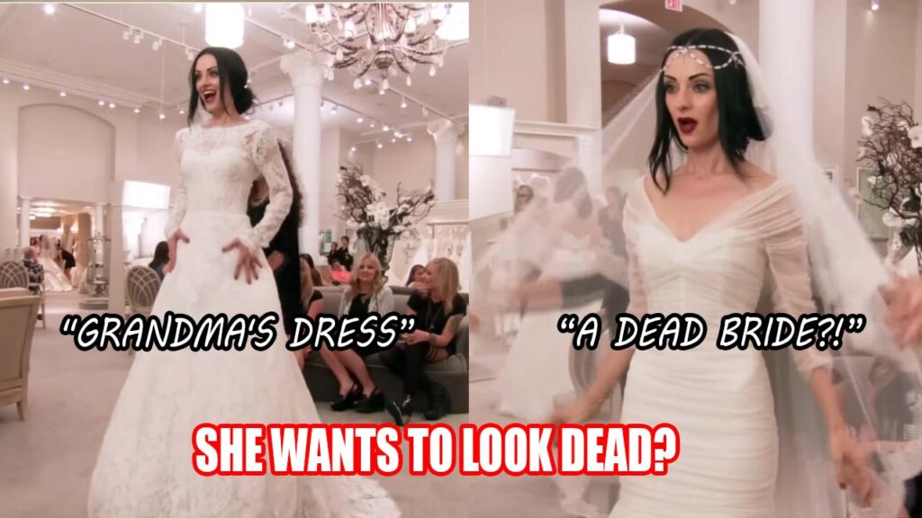Edgy bride Emily shopping for vintage lace bridal gowns at a luxury boutique.
