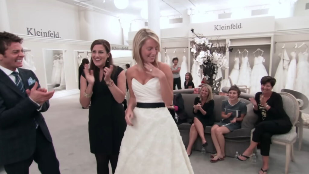Bride Marjorie saying yes to her wedding dress at Kleinfeld