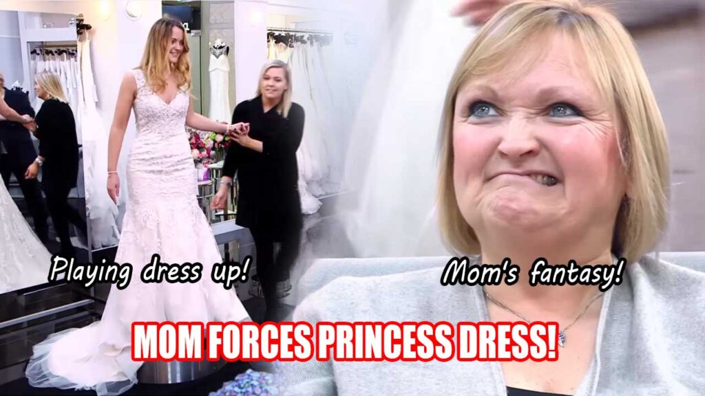 Controlling mother rejecting her daughter's slim wedding dress due to aesthetic projection.