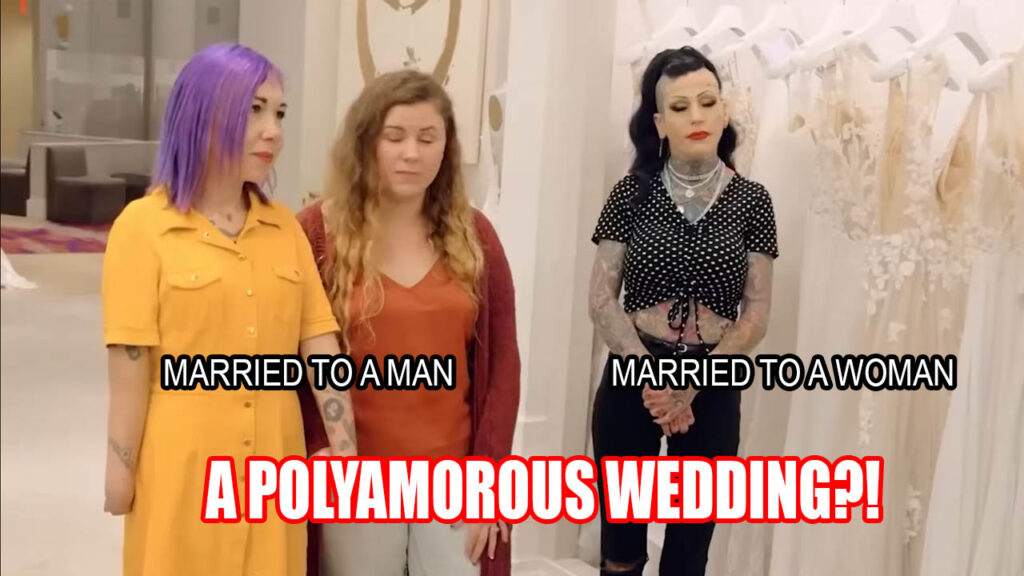 Polyamorous brides and their partners shopping at a luxury bridal salon.