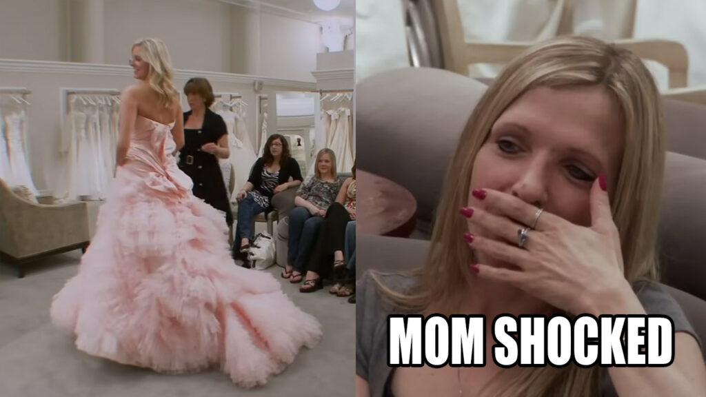 Tiffany trying on a bright pink wedding dress on Say Yes to the Dress