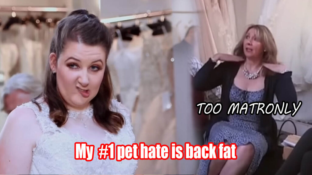 Family members brutally critiquing a terrible wedding dress choice during fitting.