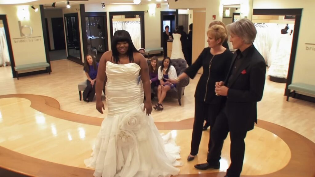 Yasmin trying on a forty five hundred dollar wedding dress