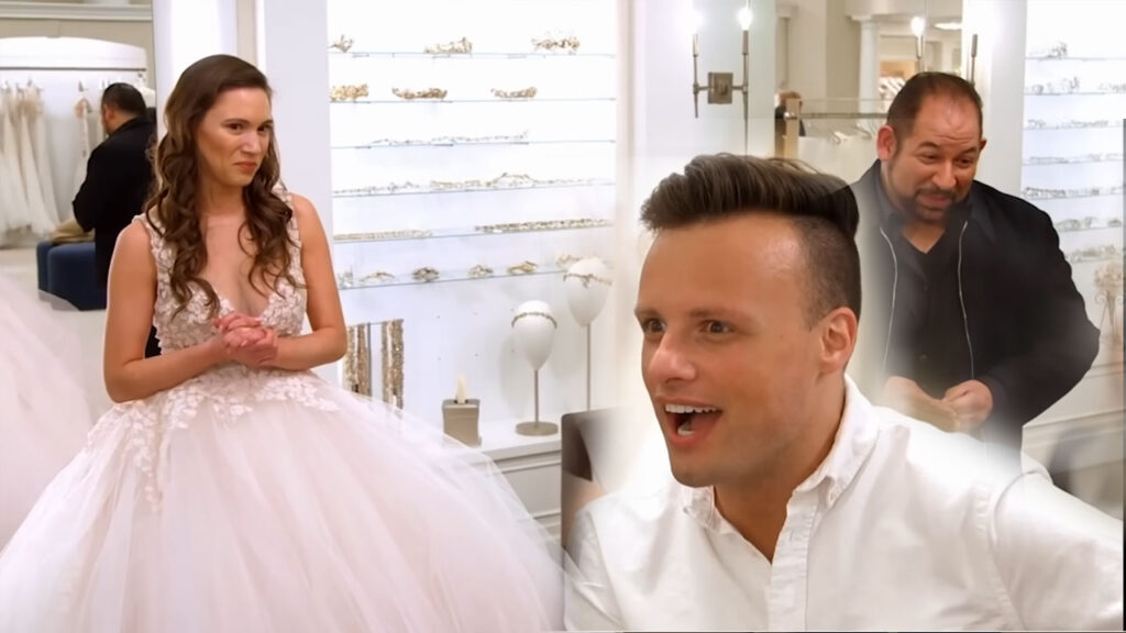 Stressed bride expressing discomfort in oversized blush wedding dresses while her friend overreacts.