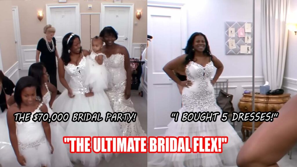 Wealthy bride Tabitha admiring her mother and three daughters all wearing expensive Pnina Tornai wedding dresses.