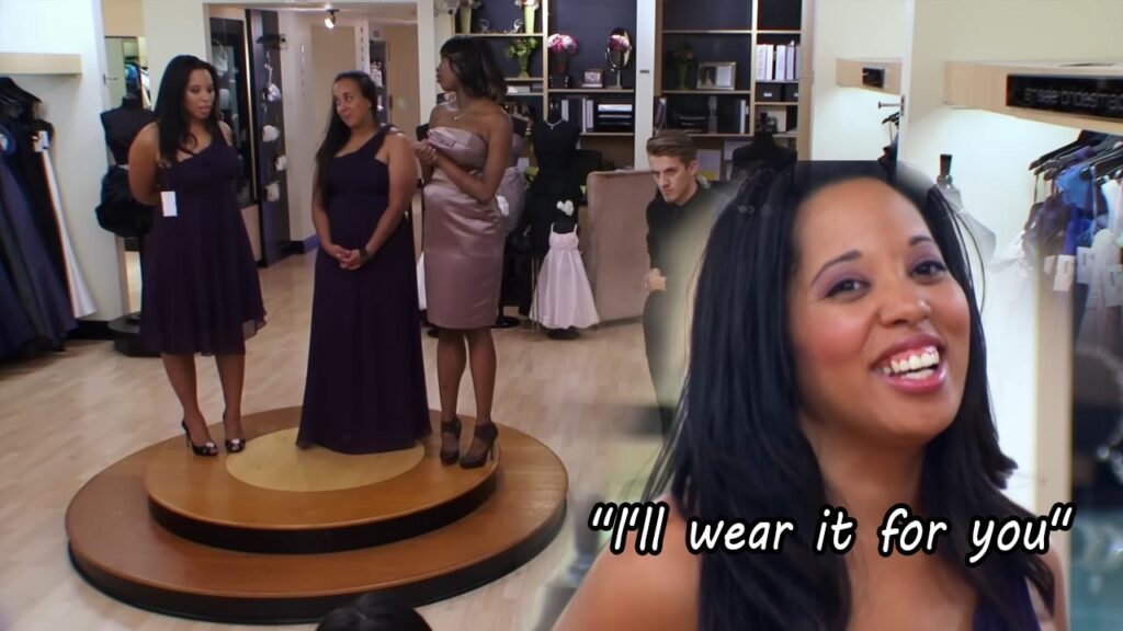 Bridesmaid crying and finally agreeing to compromise after a toxic standoff.