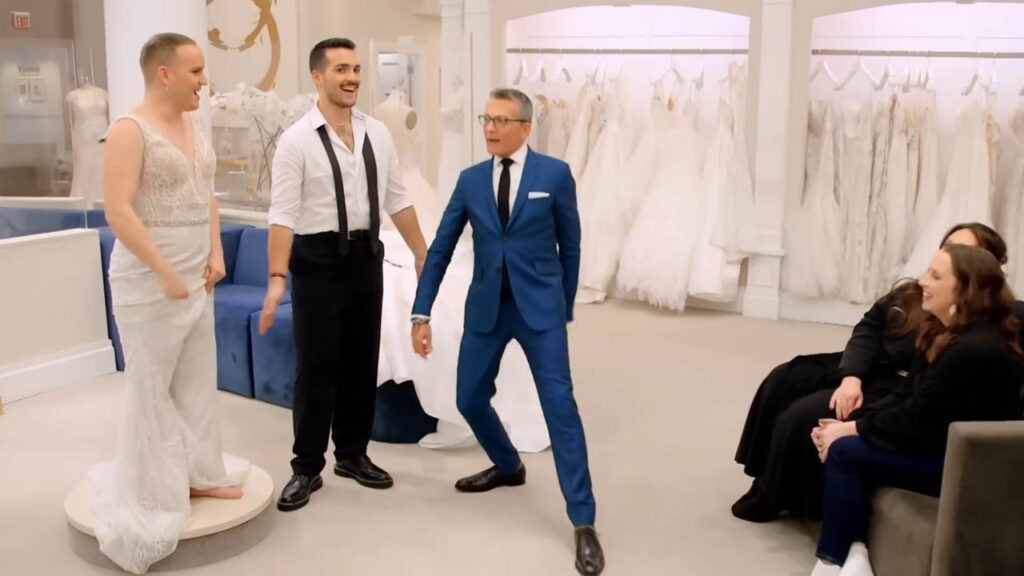 Bride showing off convertible wedding jumpsuits perfect for reception dancing.