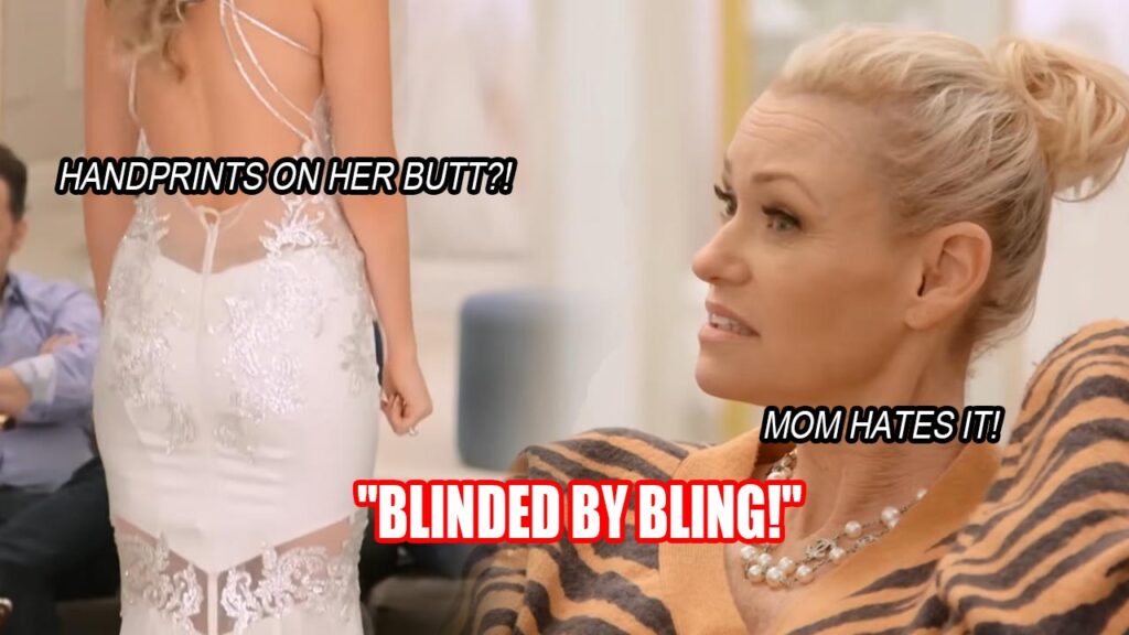 Highly critical mother making a disgusted face while judging a heavily beaded wedding dress.