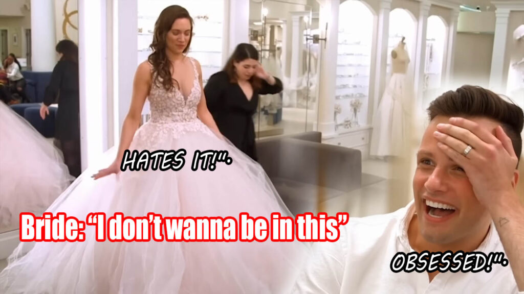 Bride wearing a massive blush designer wedding gown that her bridesman forced her to try on.