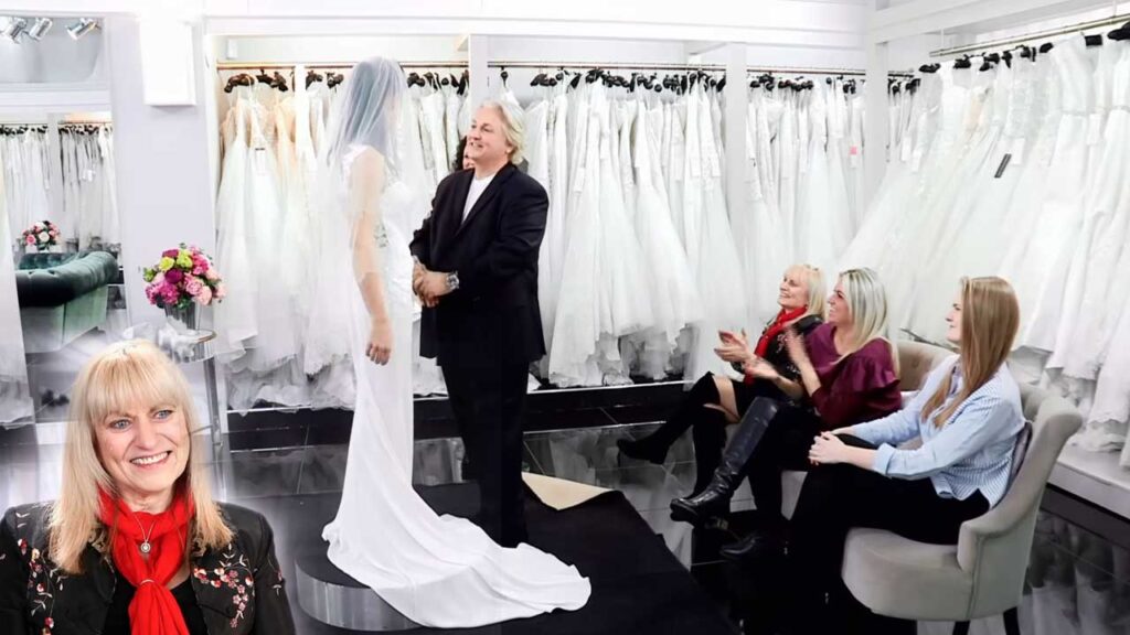 Mother smiling and finally compromising on her daughter's sleek and modern wedding dress choice.