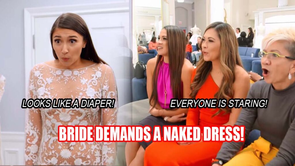 Confident bride wearing a completely see-through naked wedding dress for shock value.