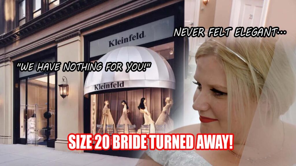 Heartbroken Size 20 bride discussing her deep body insecurities and weight issues in a bridal salon.